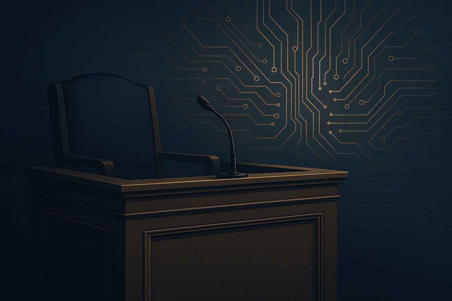 An empty witness stand with a subtle AI circuit motif