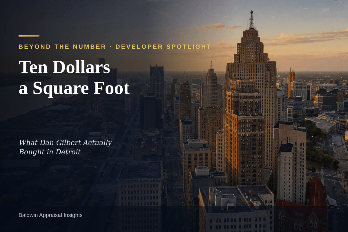 Aerial view of downtown Detroit skyline at golden hour along Woodward Avenue — Developer Spotlight