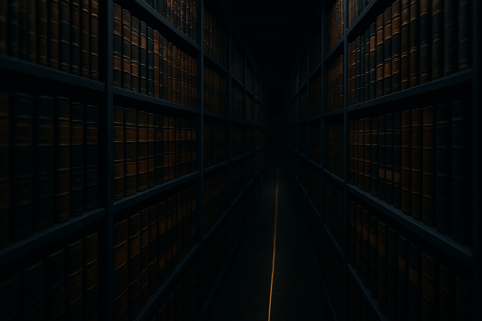 An archive corridor of verified property records with a gold light tracing the aisle