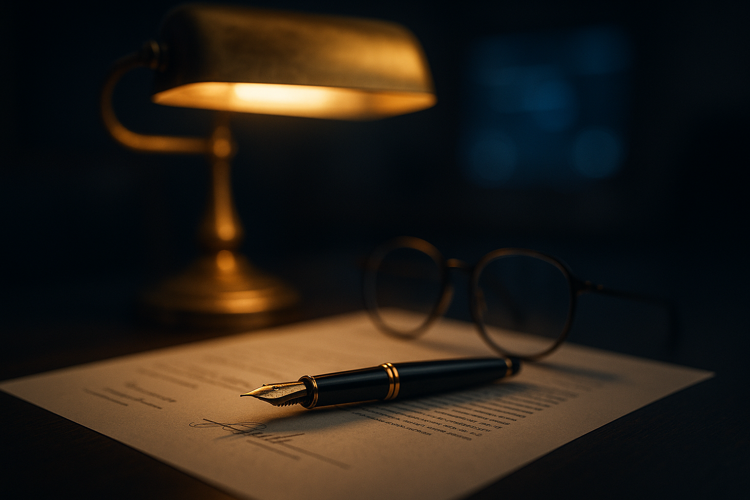 A fountain pen resting on a signed document under a banker's lamp